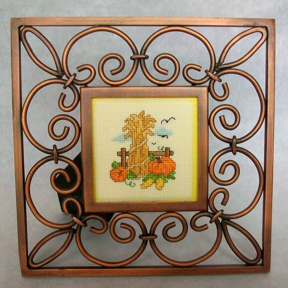 Fall Harvest Corn Stock Pumpkins Cross Stitch Sampler Framed Artwork 7.5" x 7.5" - Picture 2 of 4